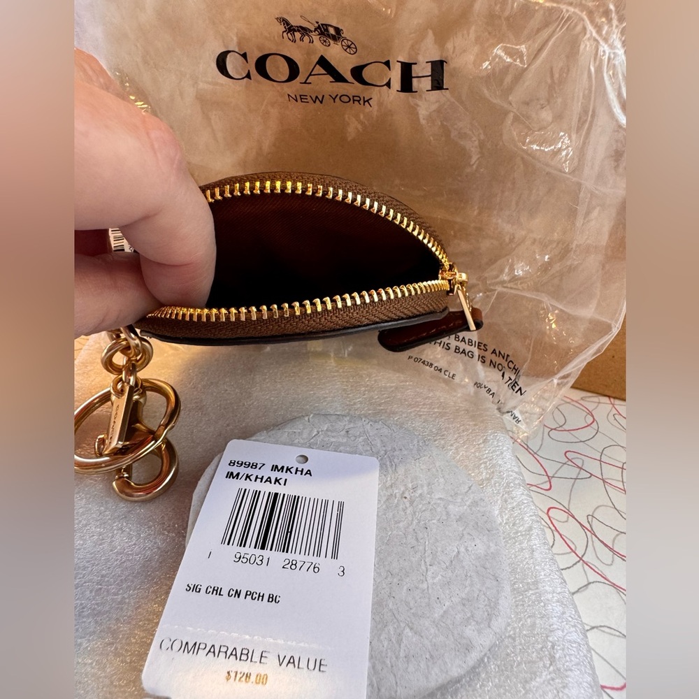 Coach Khaki and Brown Signature Coin Pouch Gold tone keychain NWT retails $128 - Picture 7 of 7